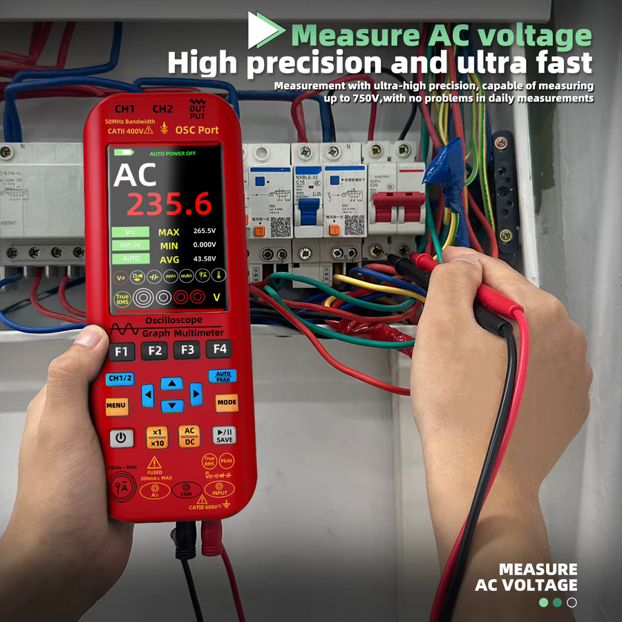 MAXRIENY Handoszilloskop-Multimeter mit DDS-Generator, 2 Kanäle, 50 MHz Bandbreite, 250 MSa/s Abtastrate, 20000 Zählungen und Voltmeter, Rot - Bild 3