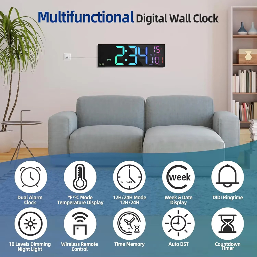 WOKLOK Digitale LED Wanduhr mit Fernbedienung, 41,15 cm große digitale Uhr in Schwarz mit 8 RGB-Farben und Doppelalarm - Bild 5