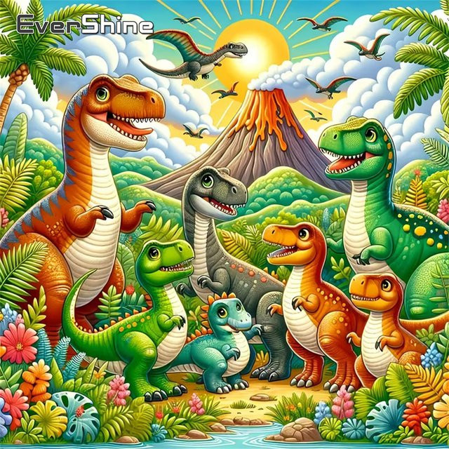 Evershine 5D-Diamantgemälde zum Selbermachen mit Cartoon-Drache und Dinosaurier Motiv, Mehrfarbig, B/H: 20 x 20 cm - Bild 1