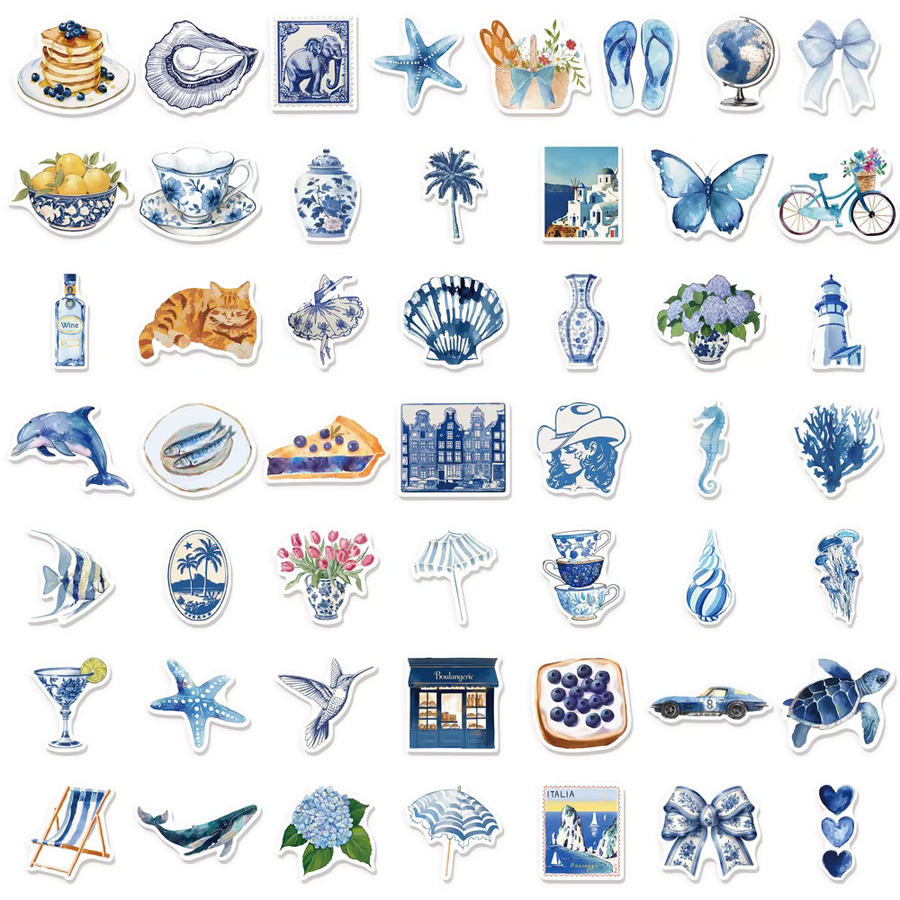 Charile Ästhetische Mittelmeer Aufkleber in Blau, Wasserdichte Cartoon Aufkleber für Scrapbooking und DIY-Projekte - Bild 3
