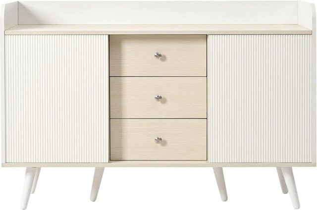 PXloue Sideboard Weiß mit 3 Schubladen und 2 Schiebetüren sowie Holzbeinen, B/T/H: 117,5 x 39,5 x 79,0 cm - Bild 1