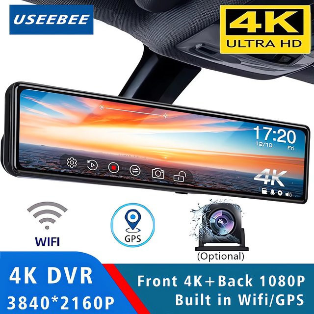 USEEBEE Dashcam Rückspiegel mit Dual-Objektiv, 4K UHD 2160P, GPS und WIFI, Schwarz - Bild 1