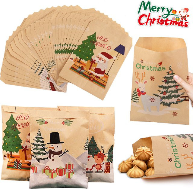 24 Stück Weihnachtliche Geschenktüten aus Kraftpapier mit Santa Claus Motiv für Süßigkeiten und Kekse in Braun und Mehrfarbig - Bild 1