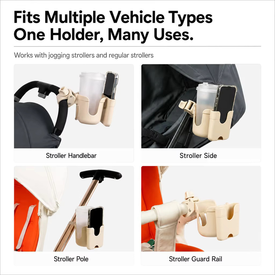 2-in-1 Universal-Kinderwagen-Getränkehalter mit Handyhalterung in Schwarz und Weiß für Kinderwagen und Rollstühle - Bild 2