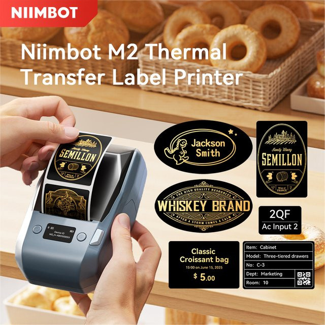 Niimbot M2 Thermotransfer-Etikettendrucker mit selbstklebenden DIY-Etiketten in Gold, Weiß und Schwarz - Bild 1