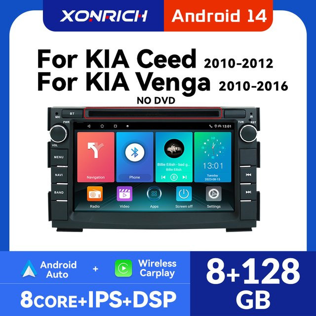 XONRICH Android 14 Autoradio mit kabellosem CarPlay für Kia Ceed 2010-2012 und Venga 2010-2016, 8GB RAM + 128GB ROM, GPS GLONASS, DSP Stereo Multimedia, Schwarz - Bild 1