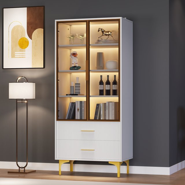 Elegante Glasvitrine mit LED-Beleuchtung und 2 Glastüren in Weiß und Gold, B/T/H: 70 x 35 x 150 cm - Bild 1