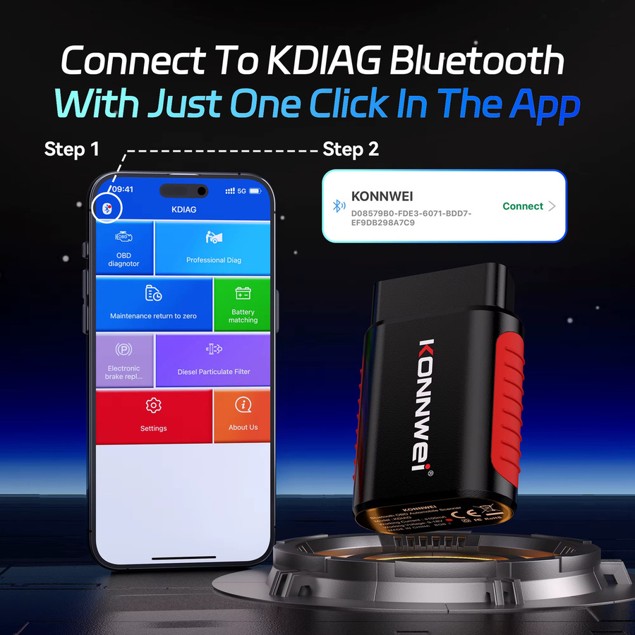 KONNWEi Automotive OBD-Diagnosetool in Schwarz mit Bluetooth-Konnektivität und 5 Reset-Funktionen für über 40 Fahrzeugmodelle - Bild 3