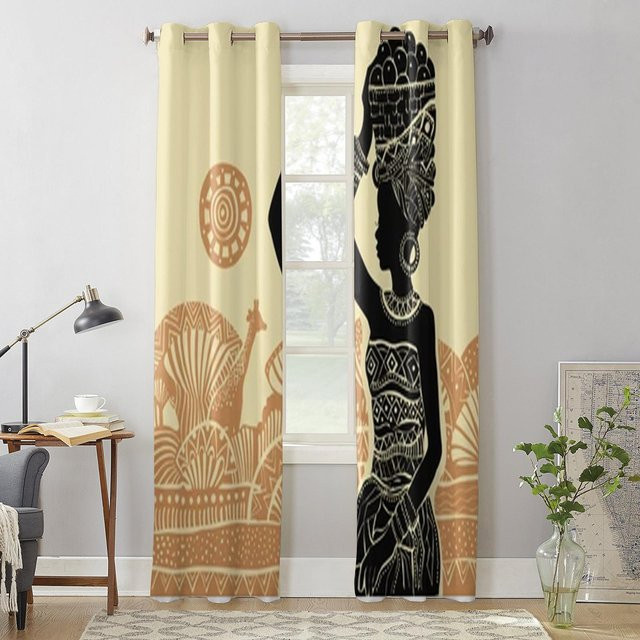 Binchi Outdoor Equipment Vorhänge mit afrikanischem Frauenmotiv in Weiß, halbtransparentes Stoff-Fensterbild für Wohnzimmer und Küche, Breite: 135 cm, Höhe: 60 cm - Bild 1