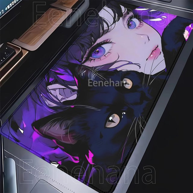 Eenehana XXL Gaming Mauspad mit schwarzem Katzenmotiv in Schwarz - Bild 1
