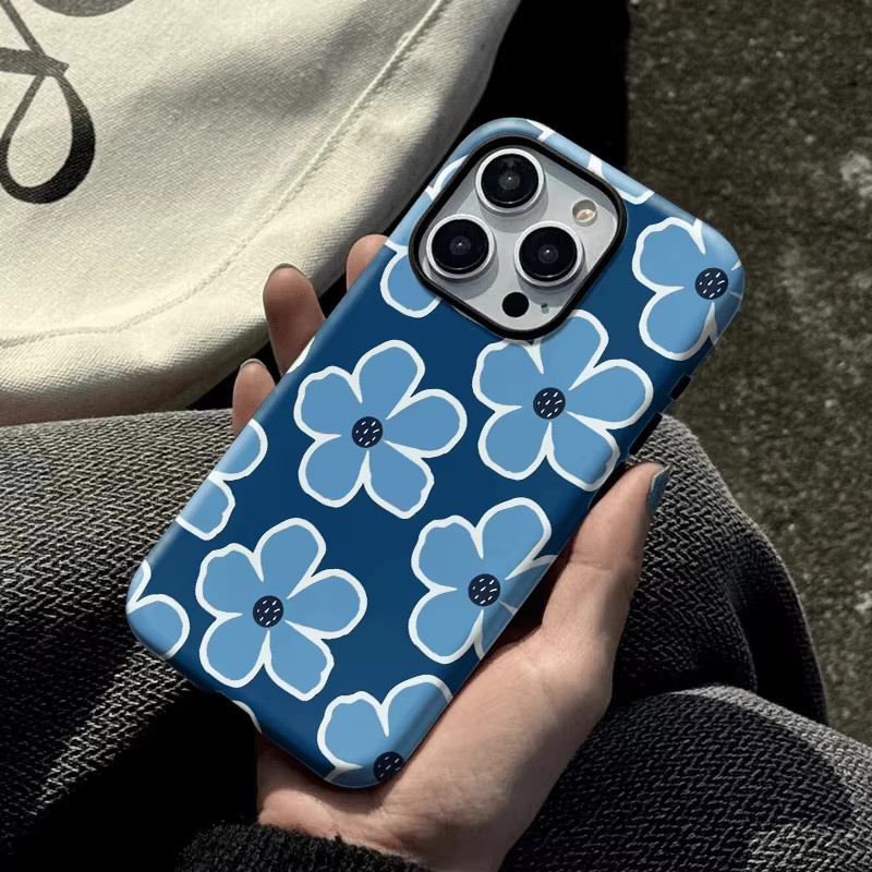 Luxuriöse Handyhülle von Potdemiel mit blauem Blumen-Design für iPhone 11 bis iPhone 16 Pro Max Plus - Bild 5