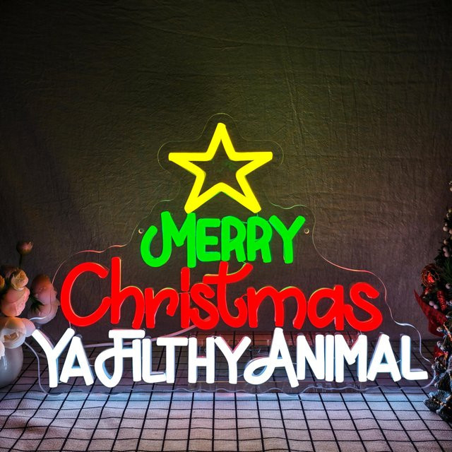 Ya Filthy Frohe Weihnachten Neonschild zur Wanddekoration, Mehrfarbig, mit dimmbarem Schalter und USB-Anschluss - Bild 1