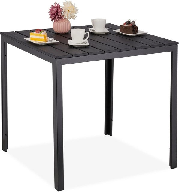 Relaxdays Gartentisch in Schwarz mit Holzoptik aus Kunststoff und Stahl, B/T/H: 74 x 78 x 78 cm - Bild 1