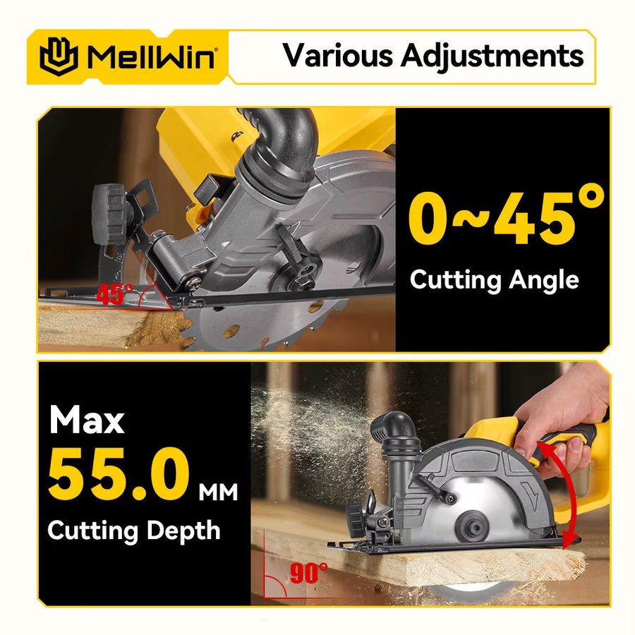 MELLWIN Bürstenlose 6-Zoll-Elektro-Kreissäge in Gelb, tragbare Multifunktions-Schneidemaschine für Holz und PVC-Rohre, wiederaufladbar und kompatibel mit Makita LXT Akkus - Bild 6