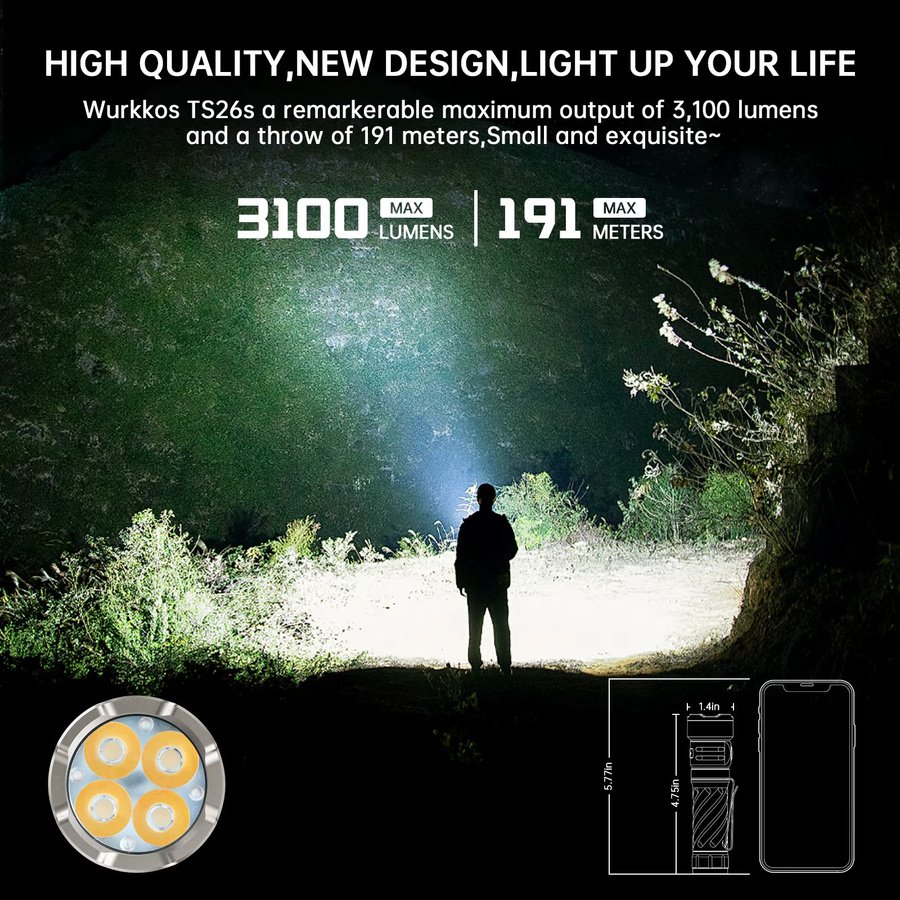 Wurkkos TS26S LED Taschenlampe in Schwarz mit 3100 lm, wiederaufladbare EDC-Taschenlampe mit magnetischer Endkappe und 21700 Akku-Unterstützung - Bild 6