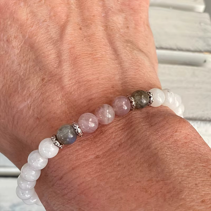 Armband Silber, Mondstein, Labradorit, Rosenquarz, Unisex - Bild 4