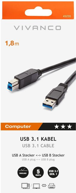 Vivanco USB 3.1 Gen.1 Anschlusskabel USB Type A auf USB Type B, Schwarz, Länge: 1,8 m - Bild 1