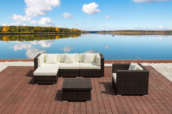 OUTFLEXX Gartenlounge Set für 5 Personen in L-Form, braun marmoriertes Polyrattan mit Aluminiumgestell, inklusive Loungetisch, Polsterkissen und wasserfester Kissenbox