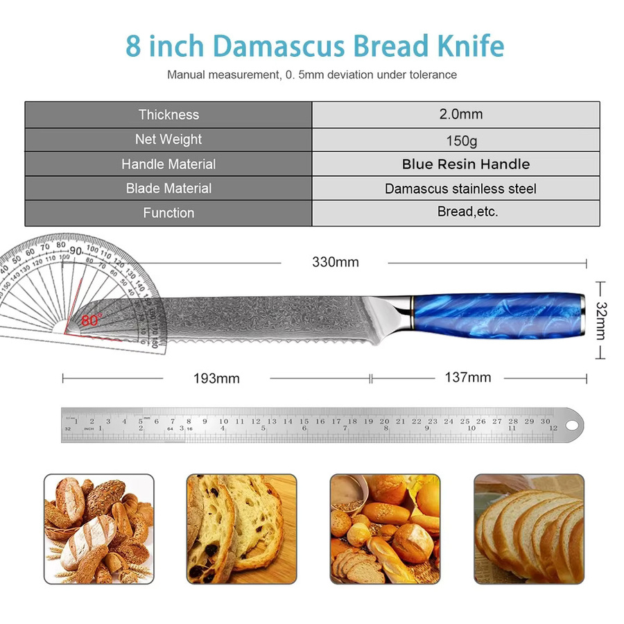 Xituo Brotmesser aus 67-lagigem Damaststahl mit blauem Harzgriff, Länge: 20,3 cm - Bild 2
