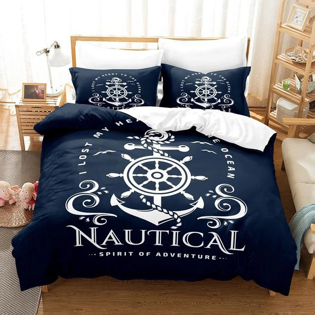JMG Household Supplies Bettwäscheset Marine Stil Bootsanker Blau, 2-3-teilig aus Mikrofaser, B/H: 140 x 210 cm - Bild 1