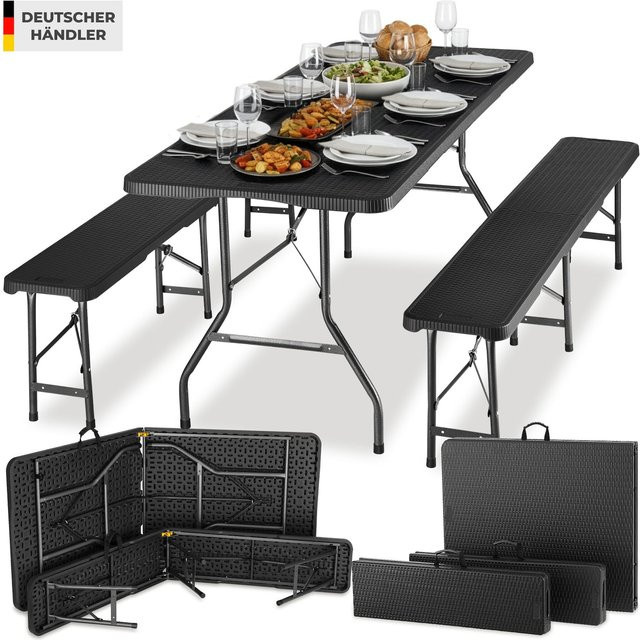 tectake Campingtischgarnitur Vani klappbar aus Kunststoff in Schwarz mit Rattanoptik B/T/H: 180 x 74 x 72 cm - Bild 1
