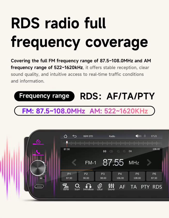 BQCC 1DIN 5 Zoll Universal Auto Multimedia Stereo Radio mit Wireless CarPlay und Android Auto, Schwarz mit 7 Farben LED-Beleuchtung - Bild 5