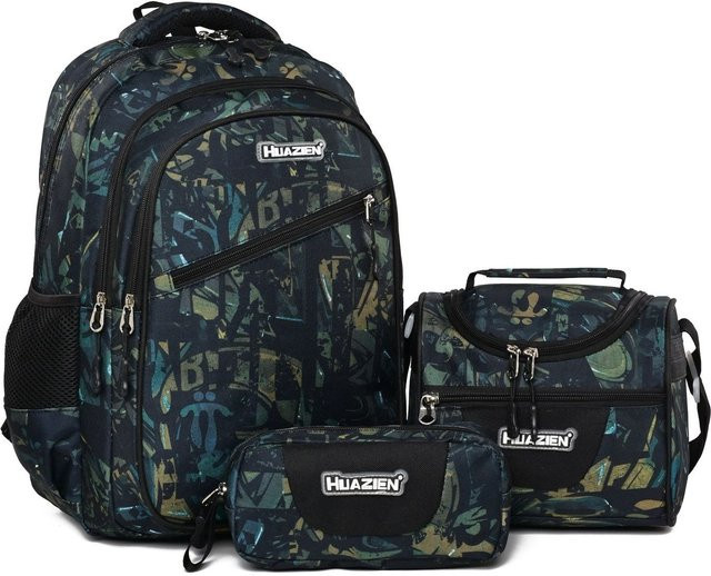 Fancy Style Studio 3er Set Schultaschen für Mädchen mit geometrischem Graffiti Aufdruck in Lila und Multicolour inklusive Rucksack, Brottasche und Federmäppchen - Bild 1