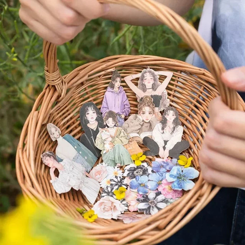 YCDBTH Flower Drop Romance Serie Kraftpapier-Aufkleber mit 20 Stück in Weiß und Mehrfarbig, florale Motive und Mädchen-Designs - Bild 1