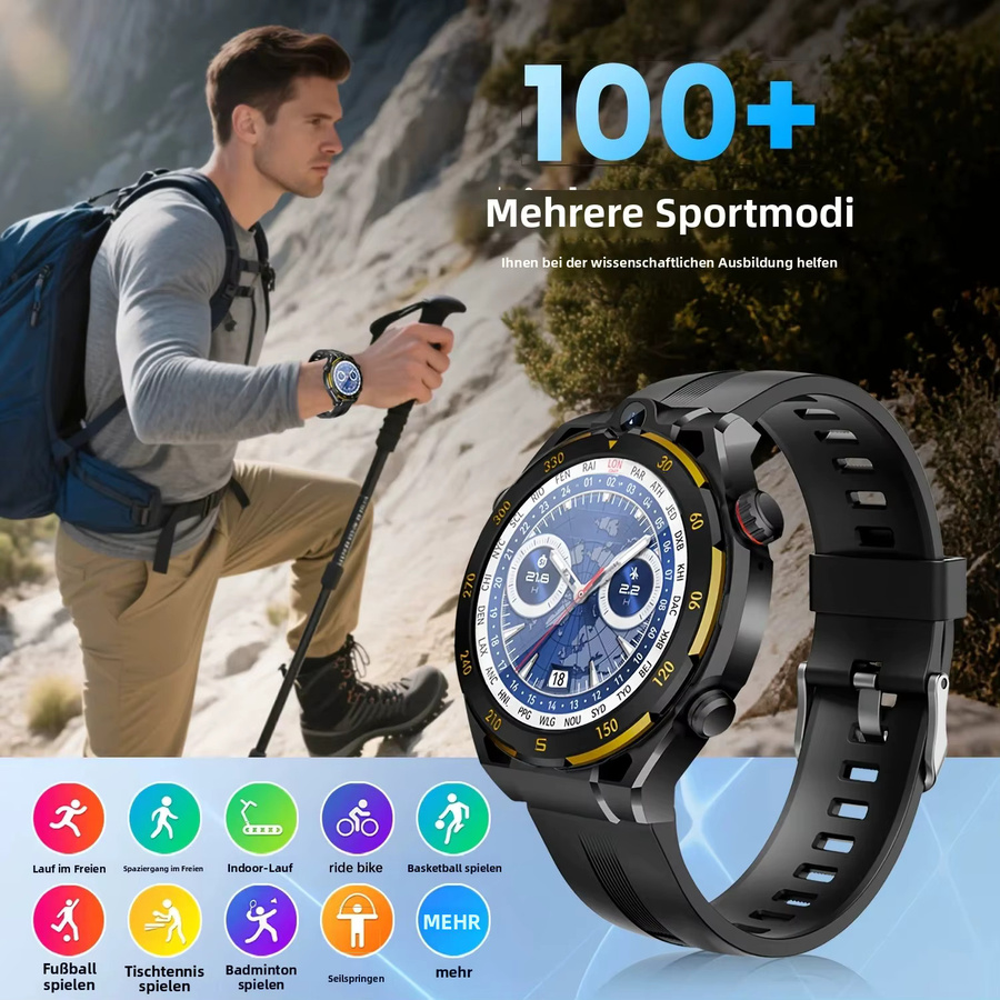 W&O Smartwatch Schwarz mit kabelloser Telefonie, KI-Sprachsteuerung und 40+ Sportmodi für Outdoor-Fitness, Unisex - Bild 2