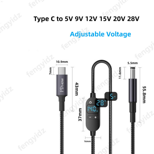 Fengyidz Typ-C PD zu DC 5,5x2,5mm Stromverstärkungskabel, Einstellbares Spannungskabel für Laptop, Router und Lüfter, Schwarz - Bild 1