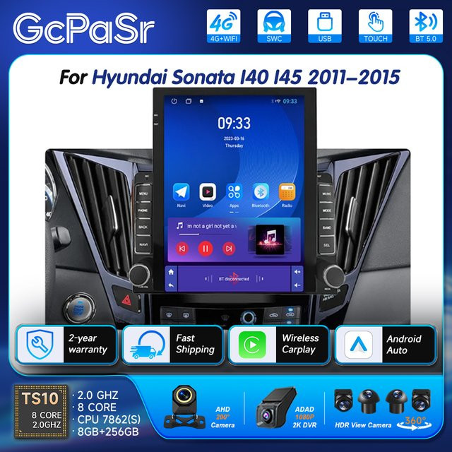 GcPaSr Android 16 Autoradio im Tesla-Stil mit 9,7 Zoll vertikalem Bildschirm, GPS Navigation und Multimedia-Player für Hyundai Sonata I40 I45 (2011-2015), Schwarz - Bild 1