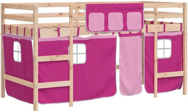 vidaXL Kinderhochbett aus massivem Kiefernholz mit Vorhängen in Rosa, B/T/H: 90 x 190 x 163,5 cm - Bild 1