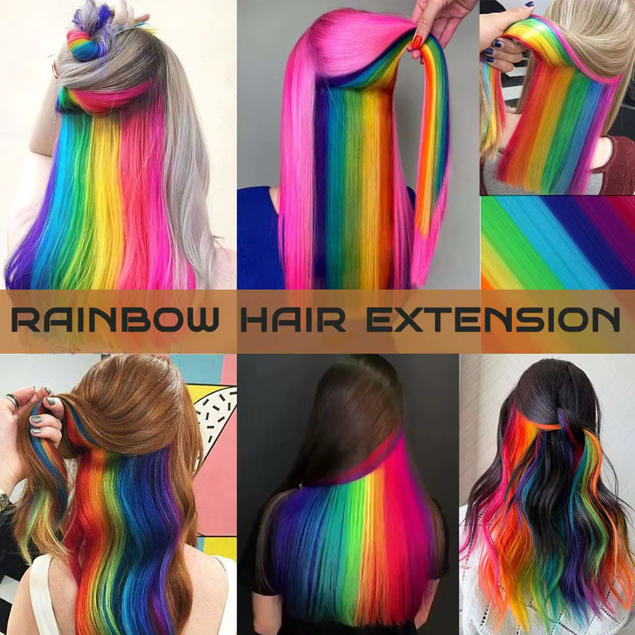 Refeeny Clip-in-Haarverlängerungen, synthetisch, Regenbogen, 22" - Bild 6