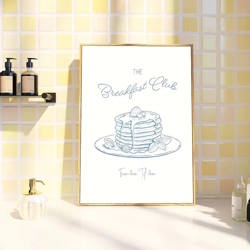 Potdemiel Leinwandbild Küchen-Wandkunst mit Kaffee- und Croissant-Motiv im Retro-Stil - Bild 1