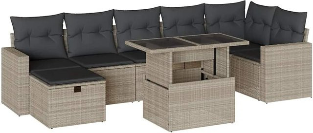 vidaXL 8-teilige Garten-Sofagarnitur in L-Form aus Polyrattan mit Kissen und Couchtisch, Hellgrau - Bild 1