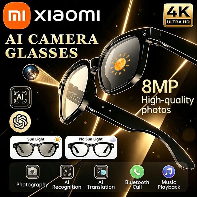 Xiaomi 4K Smart AI-Brille mit 800W Kamera, photochromatische Multifunktions-Bluetooth-Brille für Foto, Video, Sprachanrufe und Übersetzung in Schwarz - Bild 1