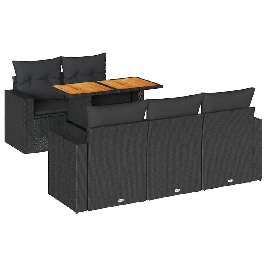 vidaXL 6-teilige Garten-Sofagarnitur aus Poly-Rattan und Akazienholz in Schwarz mit Kissen - Bild 2