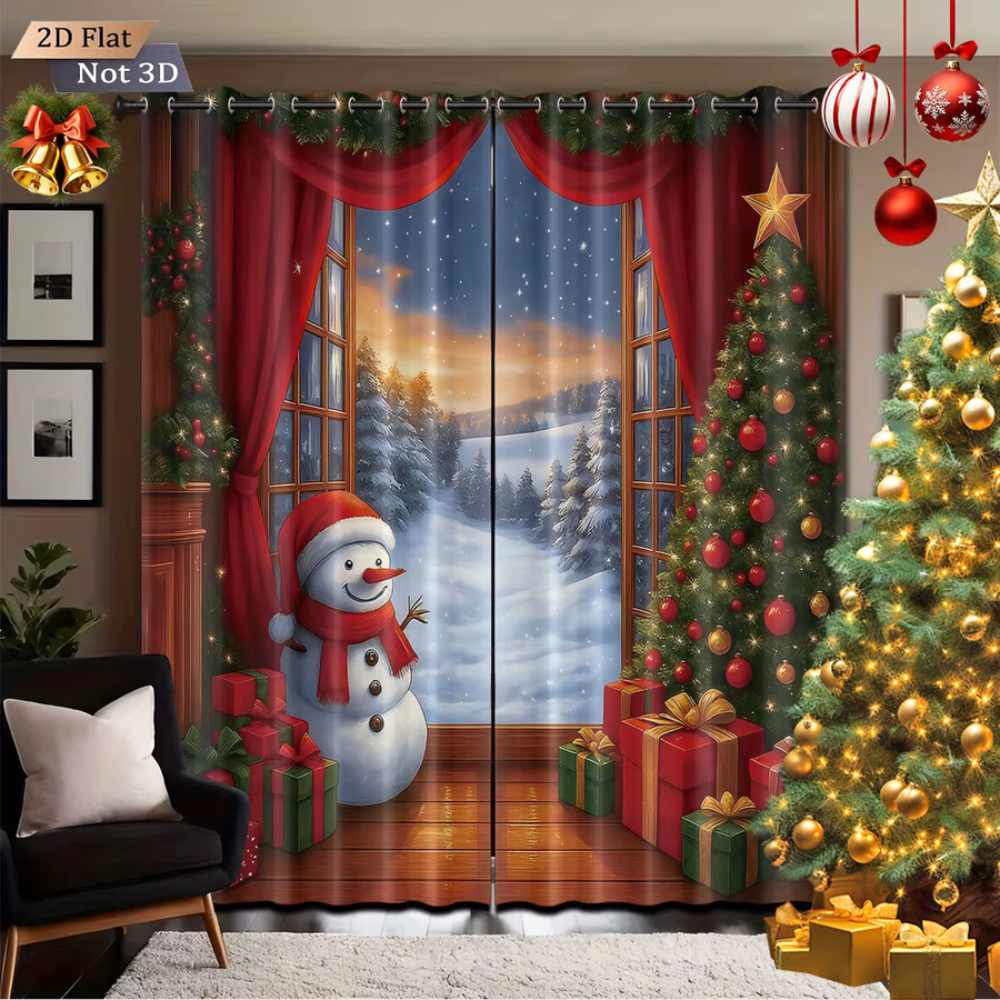 2er-Set Weihnachtliche Schattenvorhänge mit Schneemann-Print, Thermoisolierend und Blickdicht, Mehrfarbig - Bild 3
