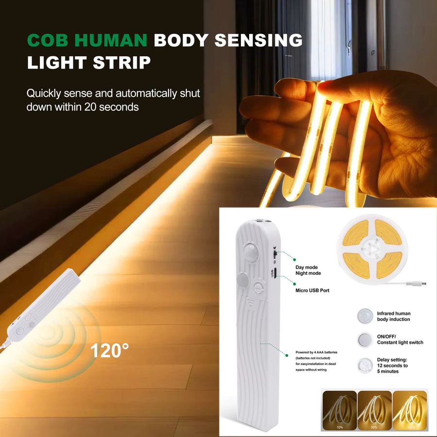 XUNATA COB LED Streifen mit PIR Bewegungssensor, weiß, USB oder Batterie betrieben, flexible Unterbauleuchte für Küche und Möbel - Bild 3