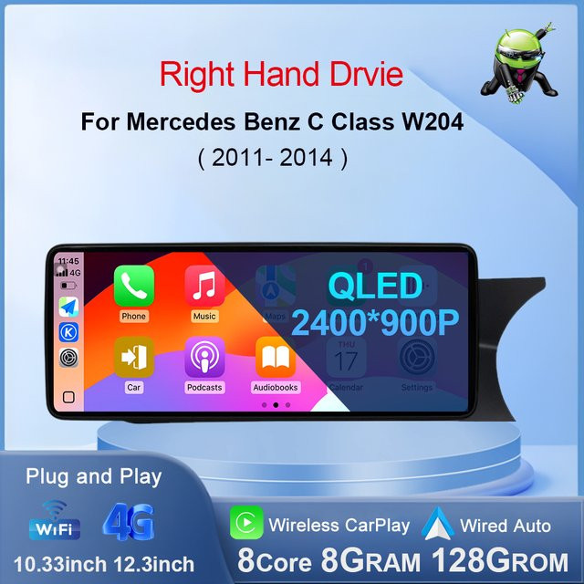KJ-NAVI Multimedia Autoradio mit Android 14, GPS und CarPlay für Mercedes Benz C-Klasse W204 (2011-2014) NTG 4,5 System, Rechtslenker, Schwarz - Bild 1