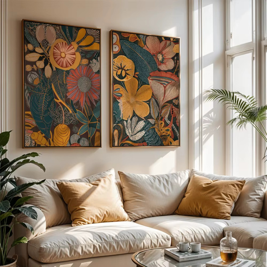 2er-Set rahmenlose Leinwandgemälde von HALFLEMART mit orangefarbenem Sonnenblumenstrauß im Bohemian-Stil, florale Wanddekoration in Multicolour - Bild 3