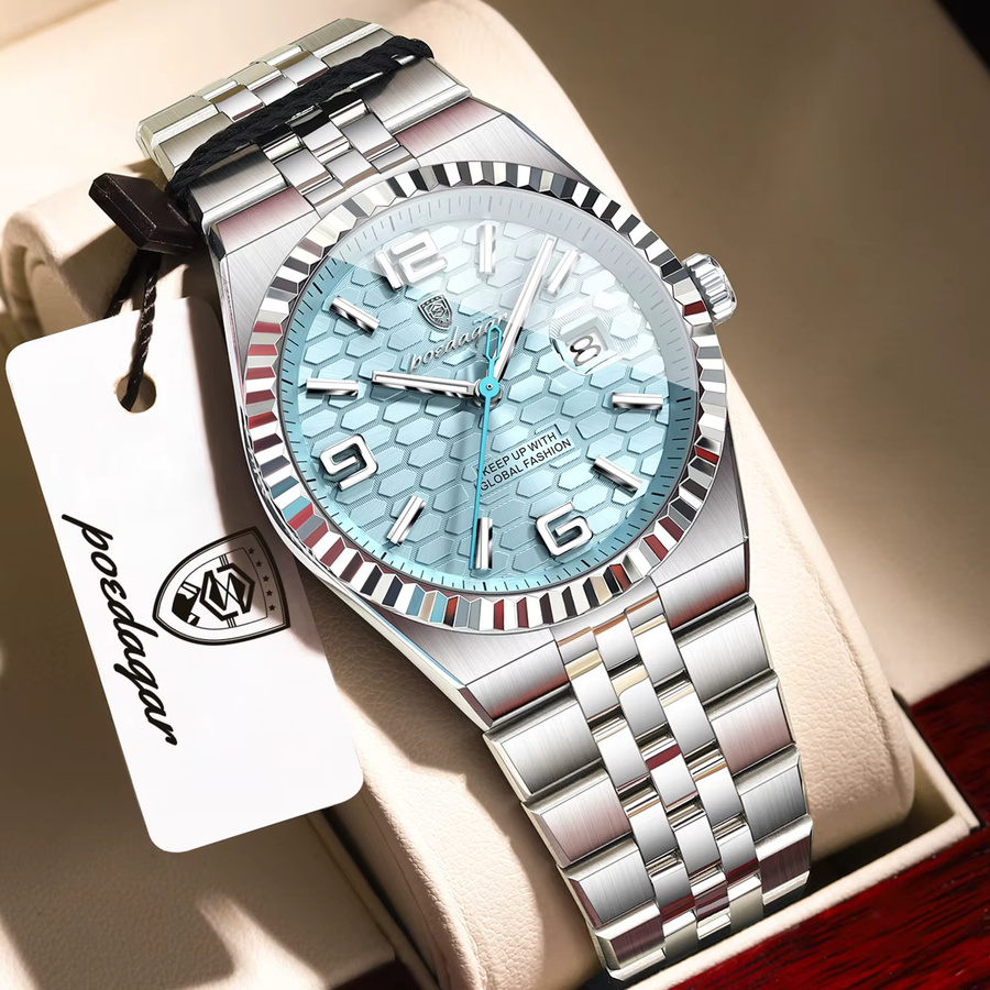 POEDAGAR Armbanduhr Edelstahl, Quarz, Silber, Herren, Datum - Bild 2