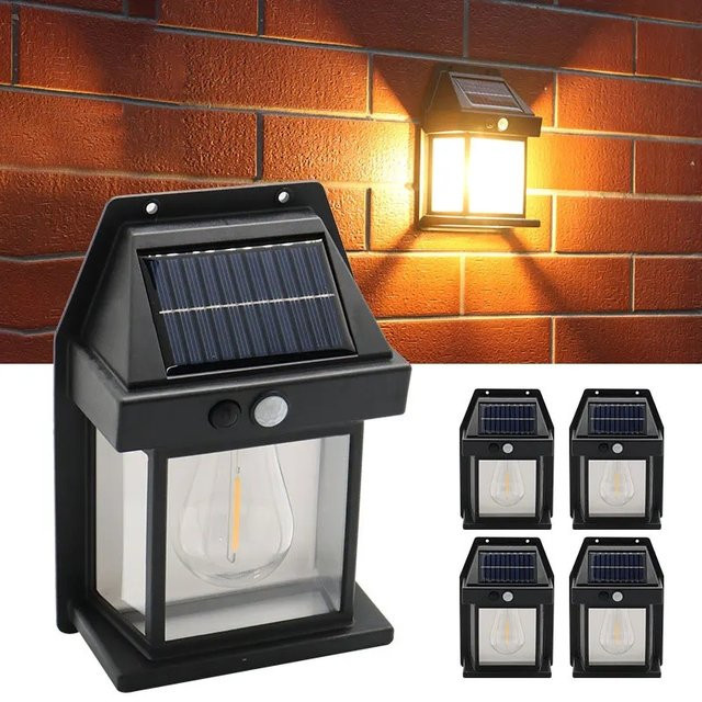 ESMARTER Solar Wandleuchte mit Bewegungssensor und Edison-LED-Filament in Schwarz für Garten und Innenhof - Bild 1