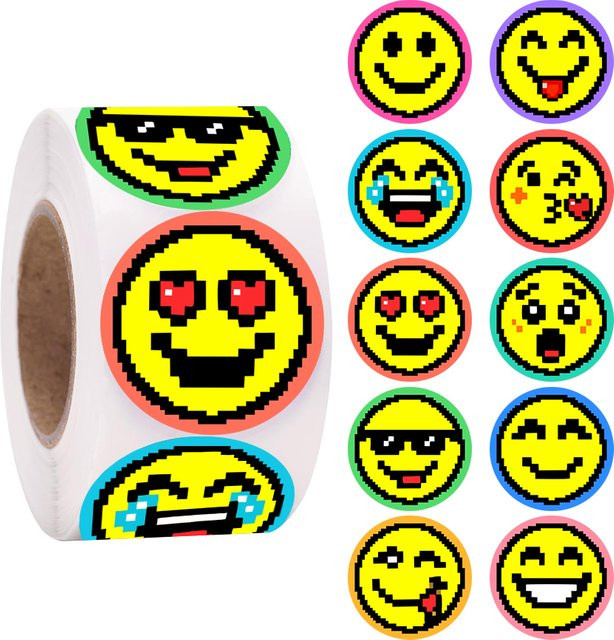 500 Stück Pixel-Expression-Aufkleberrolle mit runden Retro-Etiketten in Gelb und Multicolour - Bild 1