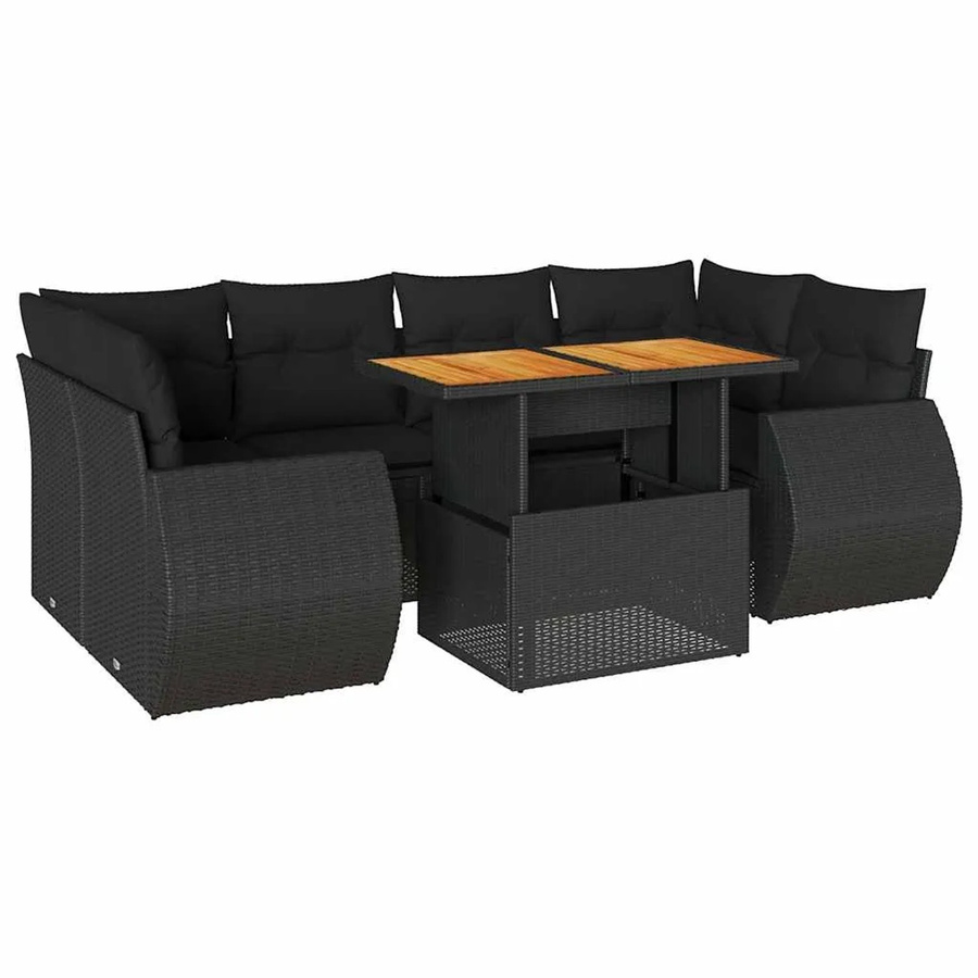 vidaXL 7-teilige Garten-Sofagarnitur in L-Form aus schwarzem Poly-Rattan mit Kissen und pulverbeschichtetem Stahlrahmen - Bild 2