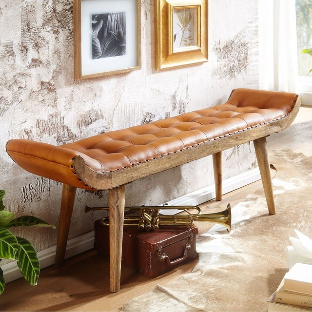Sitzbank FineBuy Chesterfield aus Echtleder in Braun, B/T/H: 125 x 50 x 38 cm - Bild 1