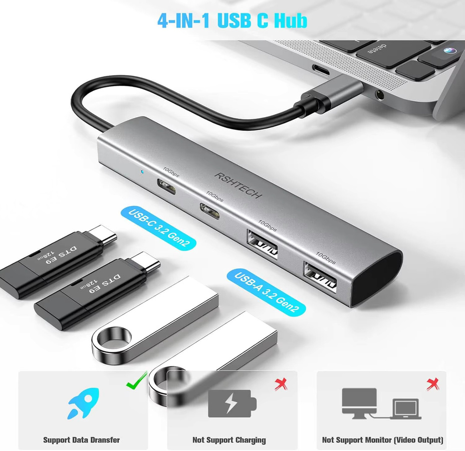RSHTECH 4-Port USB-C 3.2 Gen 2 Hub mit 2 USB-C und 2 USB-A Anschlüssen, 10Gbps, tragbarer Aluminium USB-Verteiler für Laptop und MacBook, Silber - Bild 2