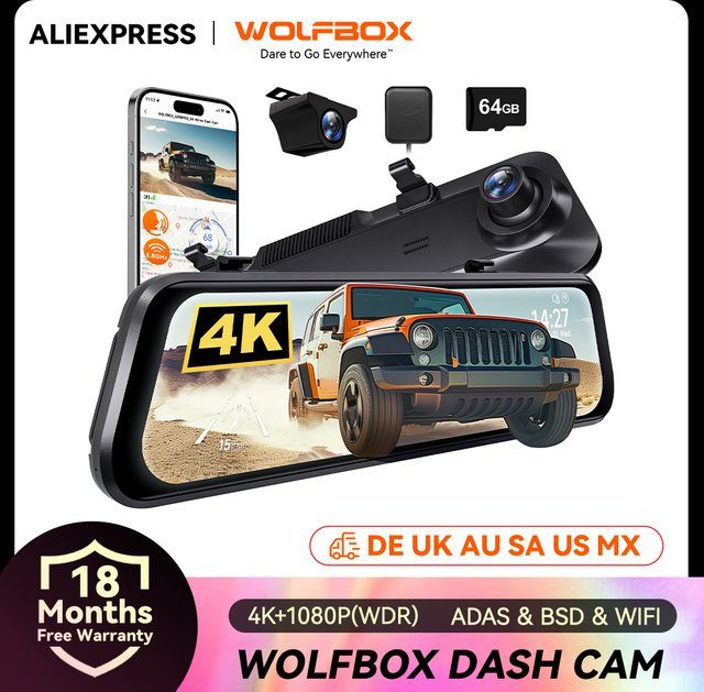 Wolfbox G850 Pro Dash Cam Set mit 4K UHD Front- und 1080P Rückkamera, WiFi, GPS und ADAS, Schwarz - Bild 1