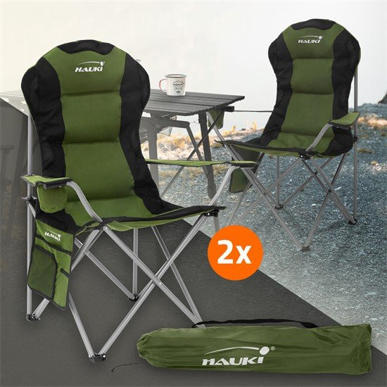 2er Set HAUKI Campingstühle faltbar in Khaki mit Getränkehalterung und Armlehnen, belastbar bis 150 kg - Bild 1