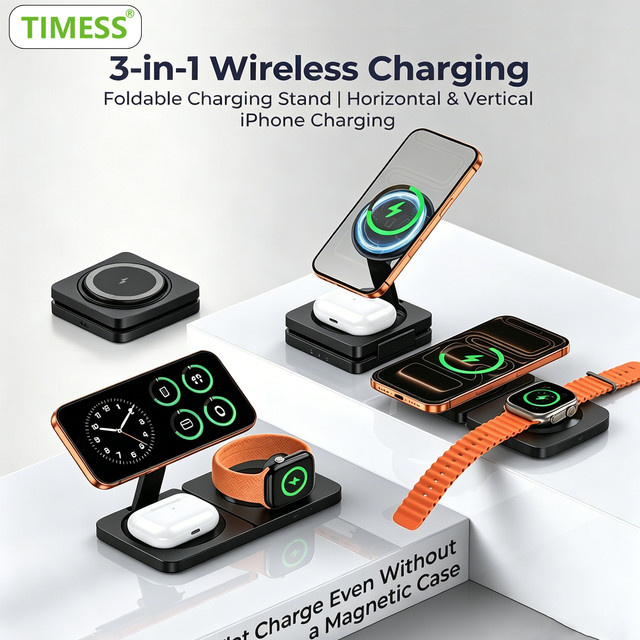 TIMESS 3-in-1 Magnetisches kabelloses Ladegerät für iPhone 15, 16, 17 Pro Max, Apple Watch und AirPods Pro in Schwarz - Bild 1